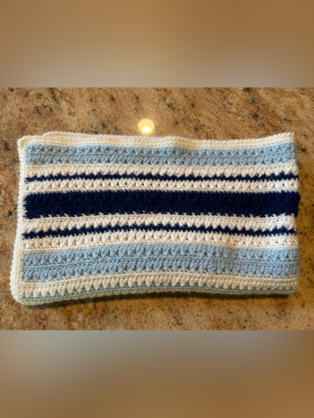 34”x42” Hand Crocheted Nautical Blues Youth Afghan Lt Blue Navy & White